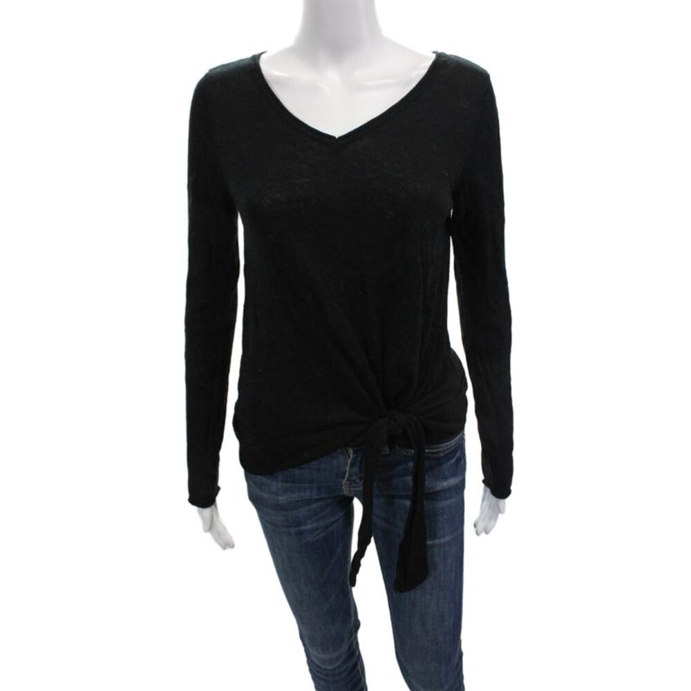 Max Studio Womensm Long Sleeves Tie Bottom V Neck Sweater Black Size Extra Small